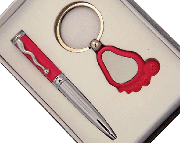 Pink pen and foot shape keychain set