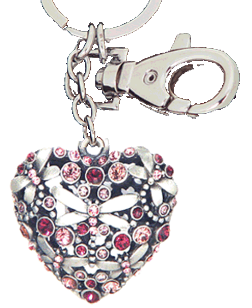 Silver heart shape keychain with dragonfly and pink silver crystal design