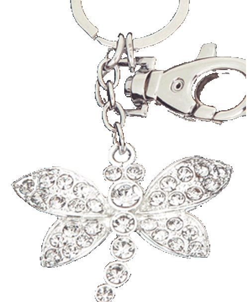 Silver dragonfly shape keychain with silver crystal design