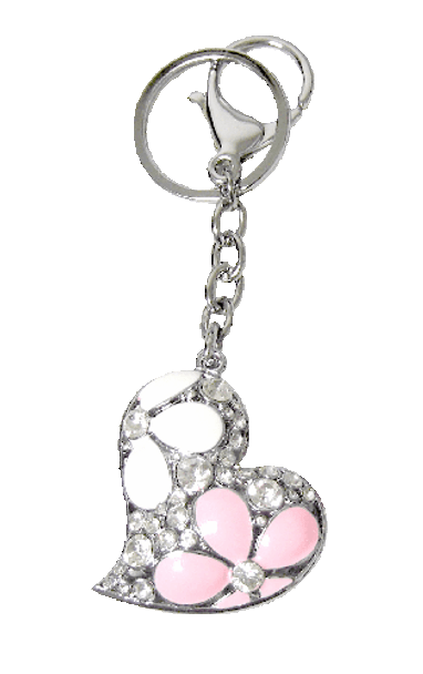 Silver Heart shape keychain with pink white enamel flowers in crystal design