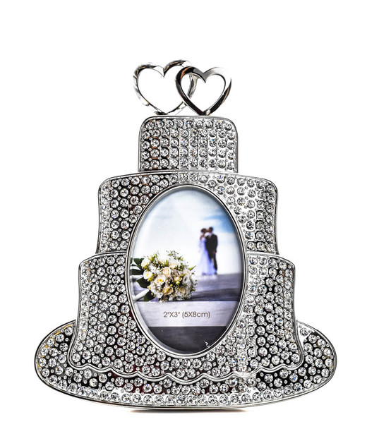 Wedding cake shaped photo frame with crystal design, holds 2x3 inch picture