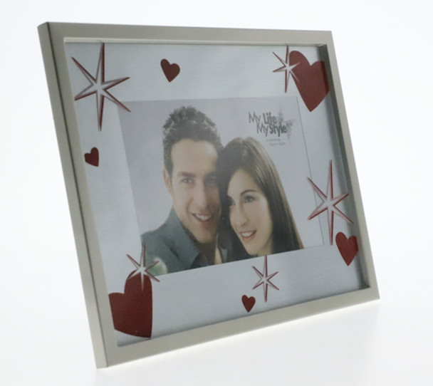 Glass photo frame with red heart decals. holds 4x6 inch picture