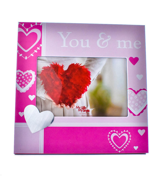 Pink love hearts photo frame, holds 4x6 inch picture