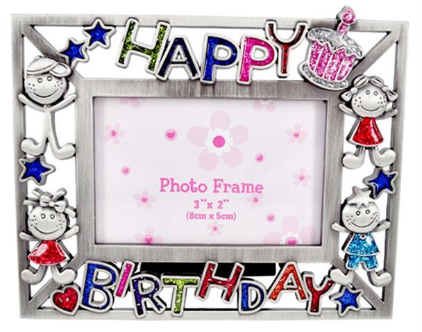 Birthday picture frame colourful glittered children holds 3x2inch picture