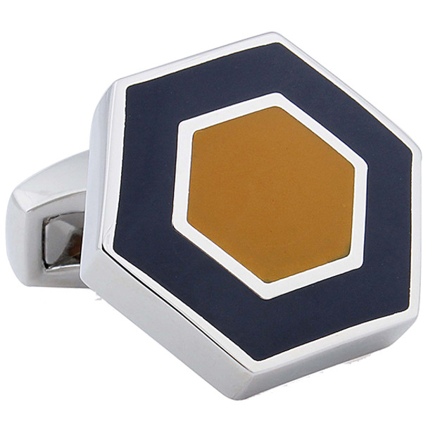 Silver rhodium hexagon cuff links with blue and orange enamel design