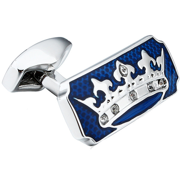 Silver rhodium rectangle cuff links with blue and silver crown design