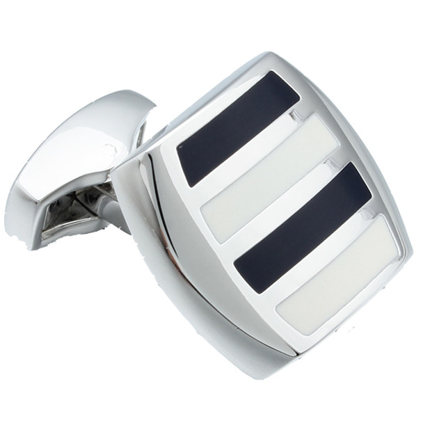 Silver rhodium cuff links with black and white striped enamel design