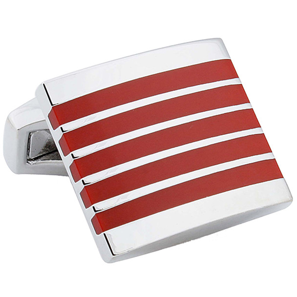 Silver rhodium square cuff links with red striped enamel design