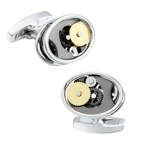 Oval silver rhodium watch movement cuff links