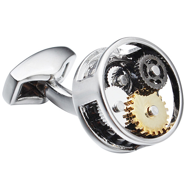 Round silver rhodium watch movement cuff links