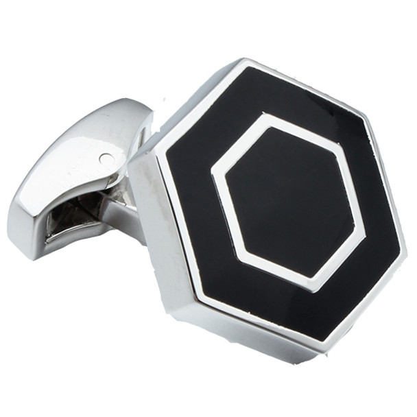 Silver rhodium hexagon cuff links with black design