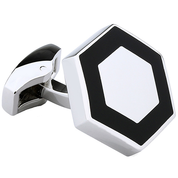 Silver rhodium hexagon cuff links with black and white enamel design