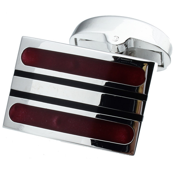 Silver rhodium rectangle cuff links with red striped enamel design