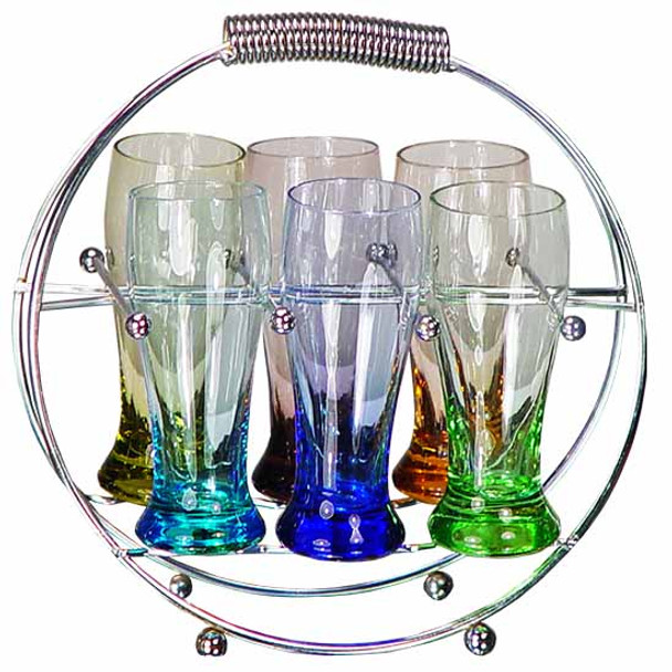Set of 6 assorted coloured shot glasses with Round metal stand