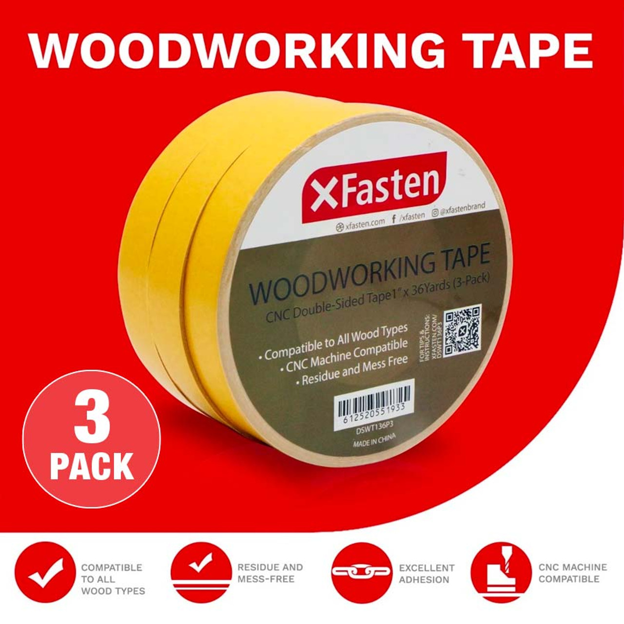 XFasten Double Sided Woodworking Tape (3-Pack) w/ Yellow Backing,  1-Inch-Wide x 36 Yards (108 Ft per Roll)