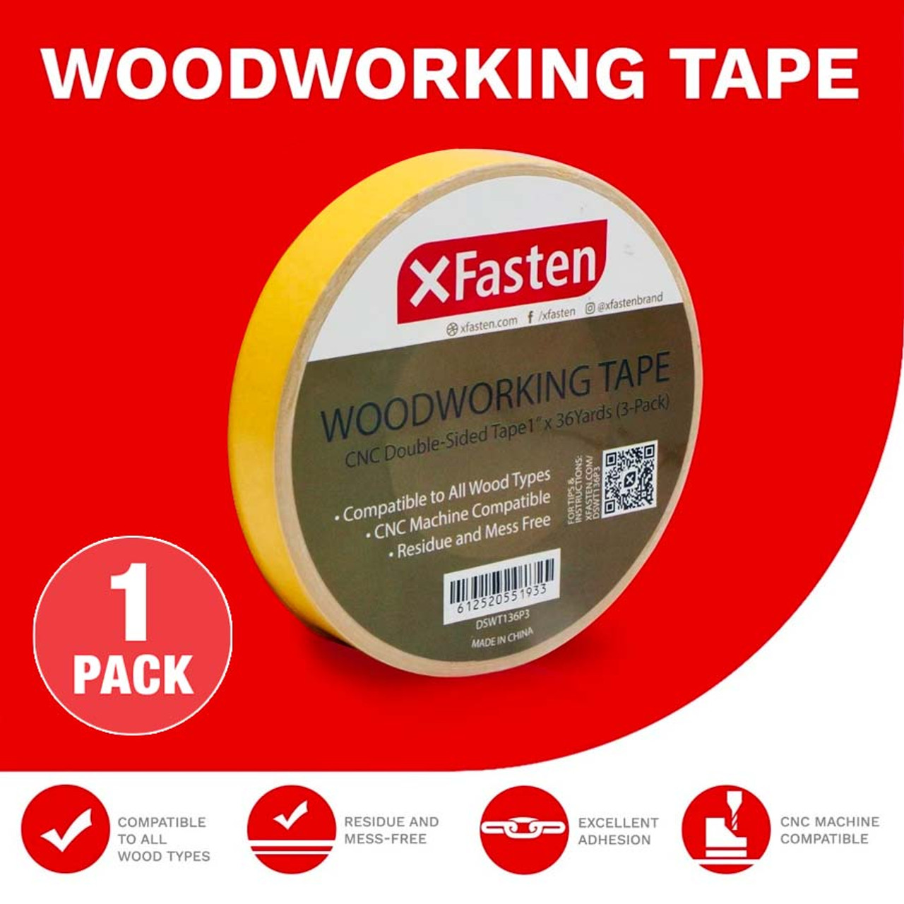 XFasten Double Sided Woodworking Tape (1-Pack) w/ Yellow Backing,  1-Inch-Wide x 36 Yards (108 Ft per Roll)