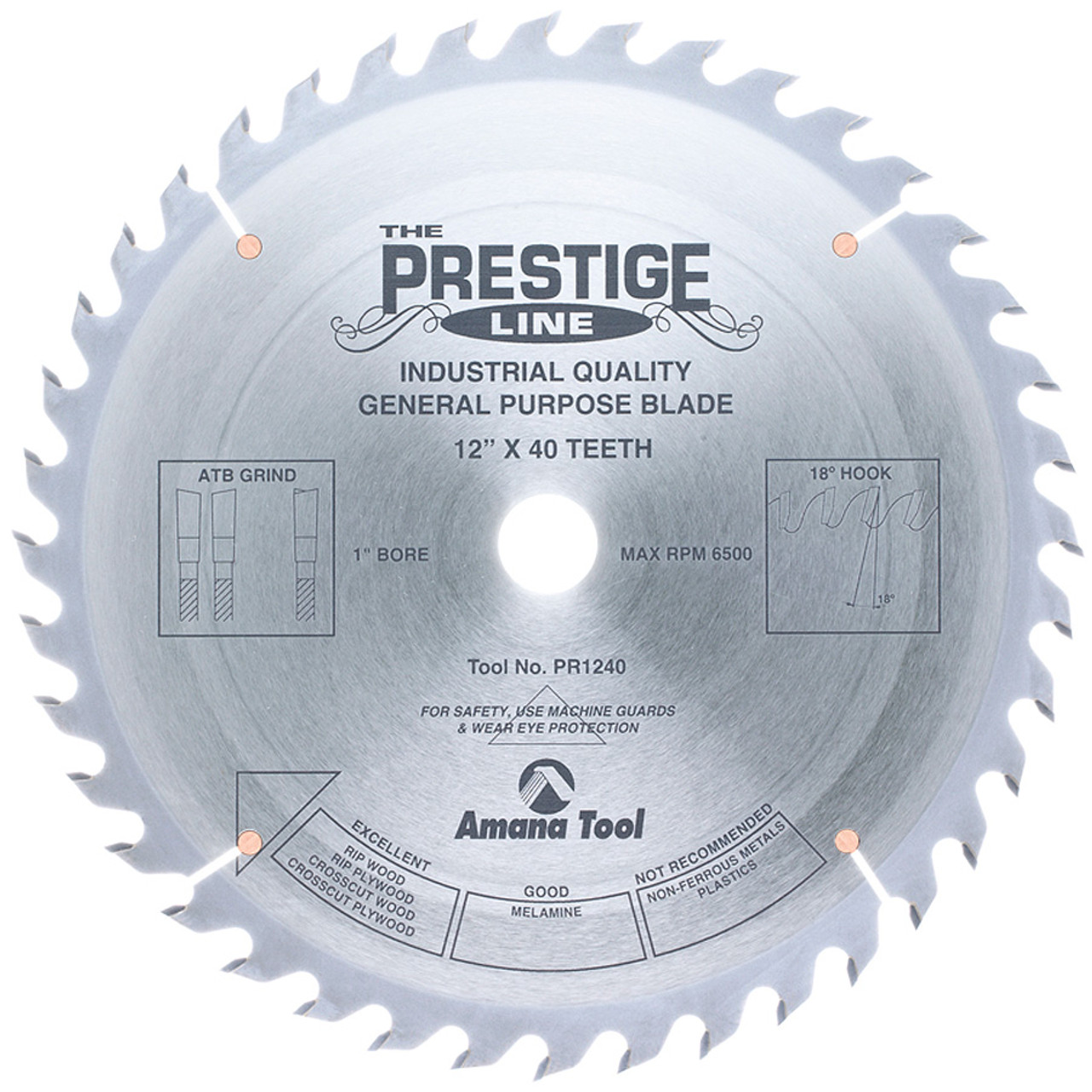 Amana Tool PR1240 Carbide Tipped 12 Inch D 40T ATB, 18 Deg, 1 Inch Bore,  Circular Saw Blade