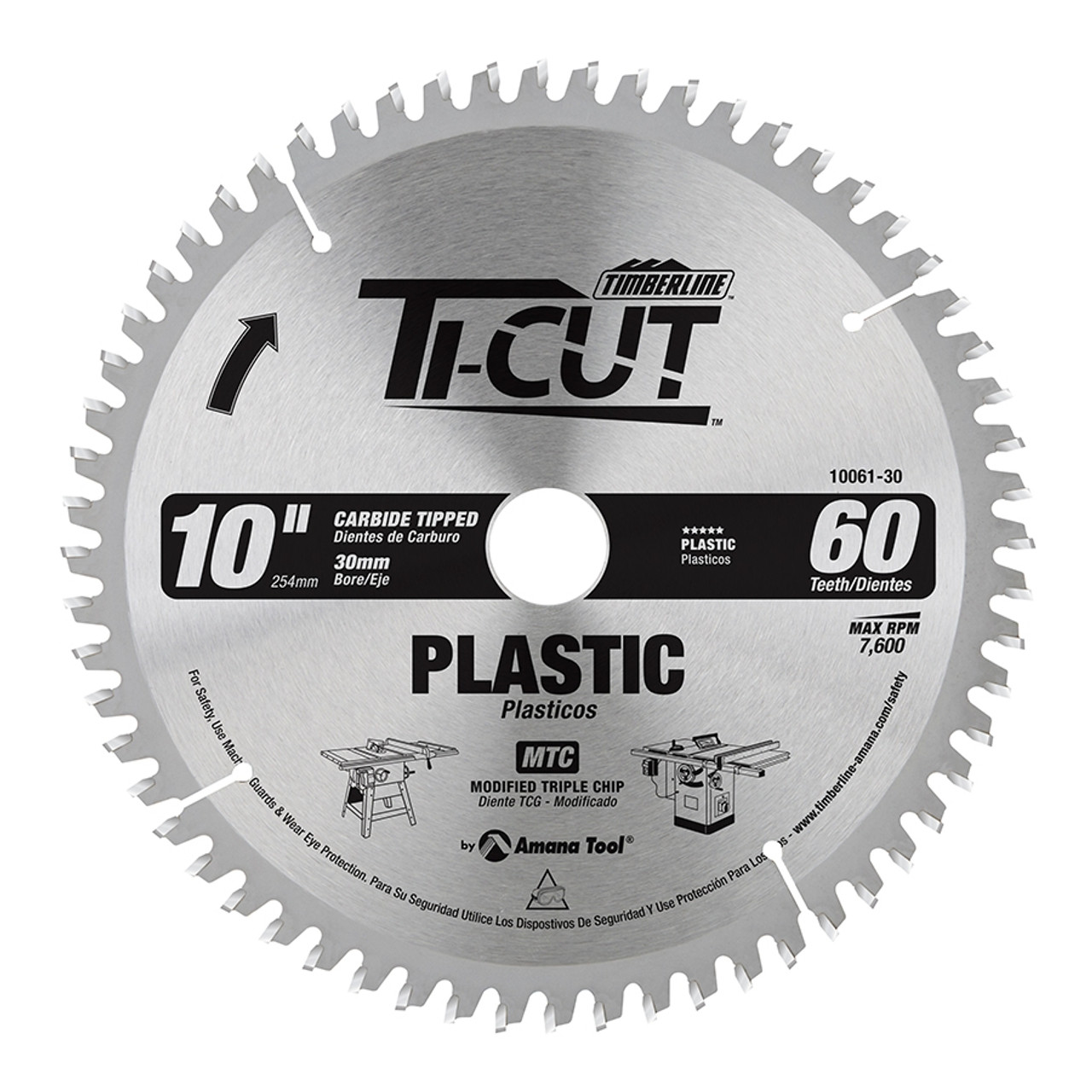 Timberline 10061-30 Carbide Tipped Ti-Cut Plastic 10 Inch D x 60T MTC, -2  Deg, 30MM Bore, Circular Saw Blade