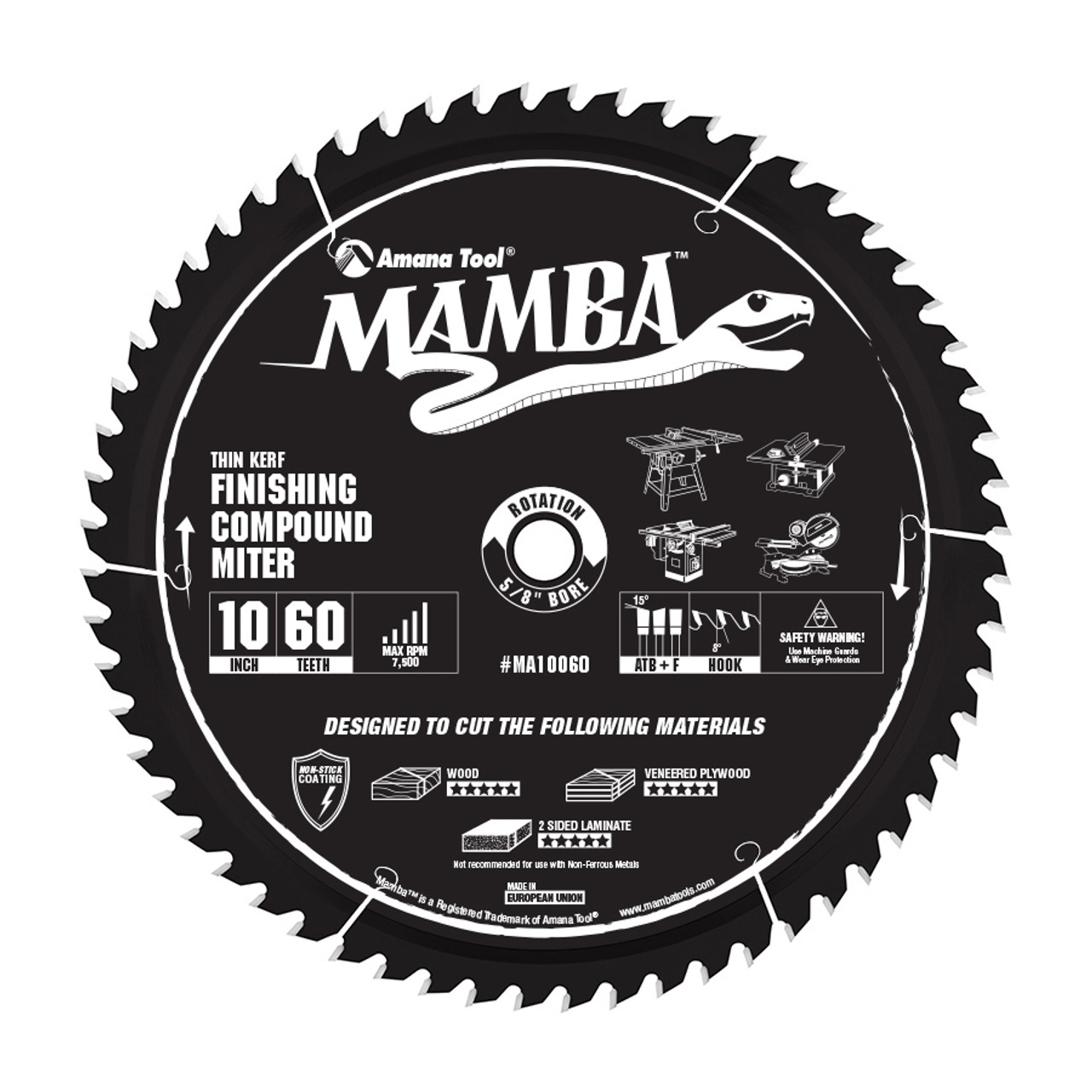 Amana Tool MA10060 Carbide Tipped Thin Kerf Finishing Compound Miter Mamba  Contractor Series 10 Inch D x 60T, ATB+F, Deg, 5/8 Bore Circular Saw Blade