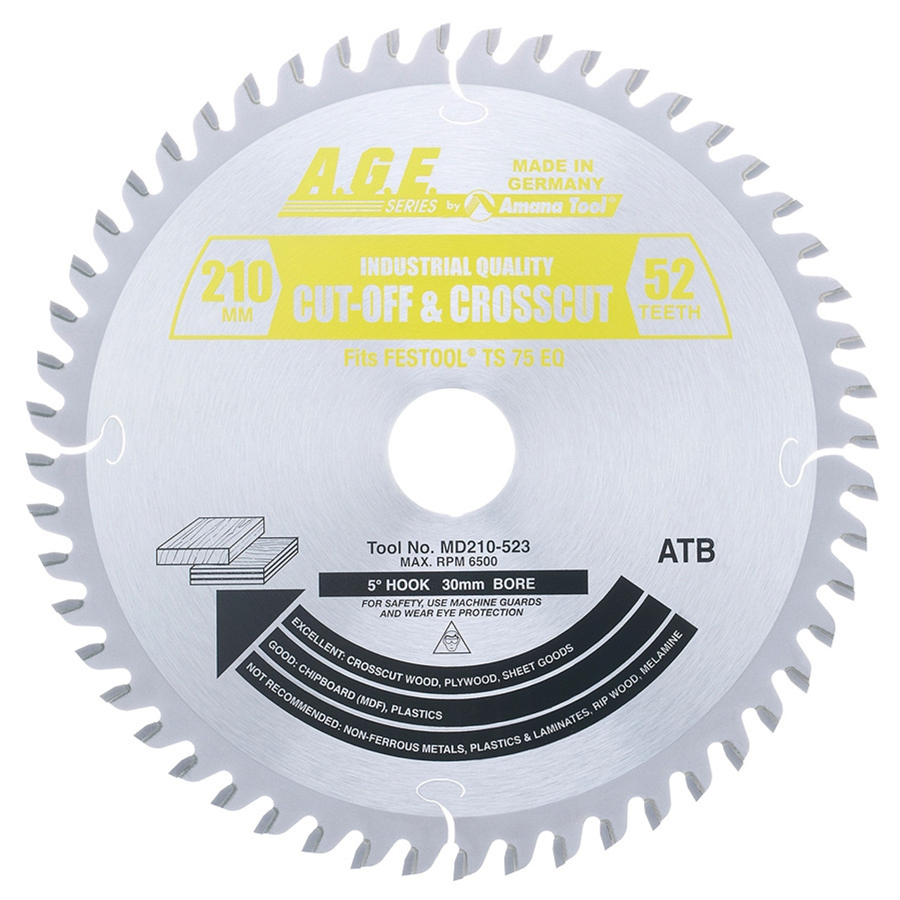 AGE Series MD210-523 For Festool Track Saw Machine Carbide Tipped Saw Blade  210mm D x 52T ATB, 15 Deg, 30mm Bore for Fine Crosscuts in Sheet Goods,  Melamine