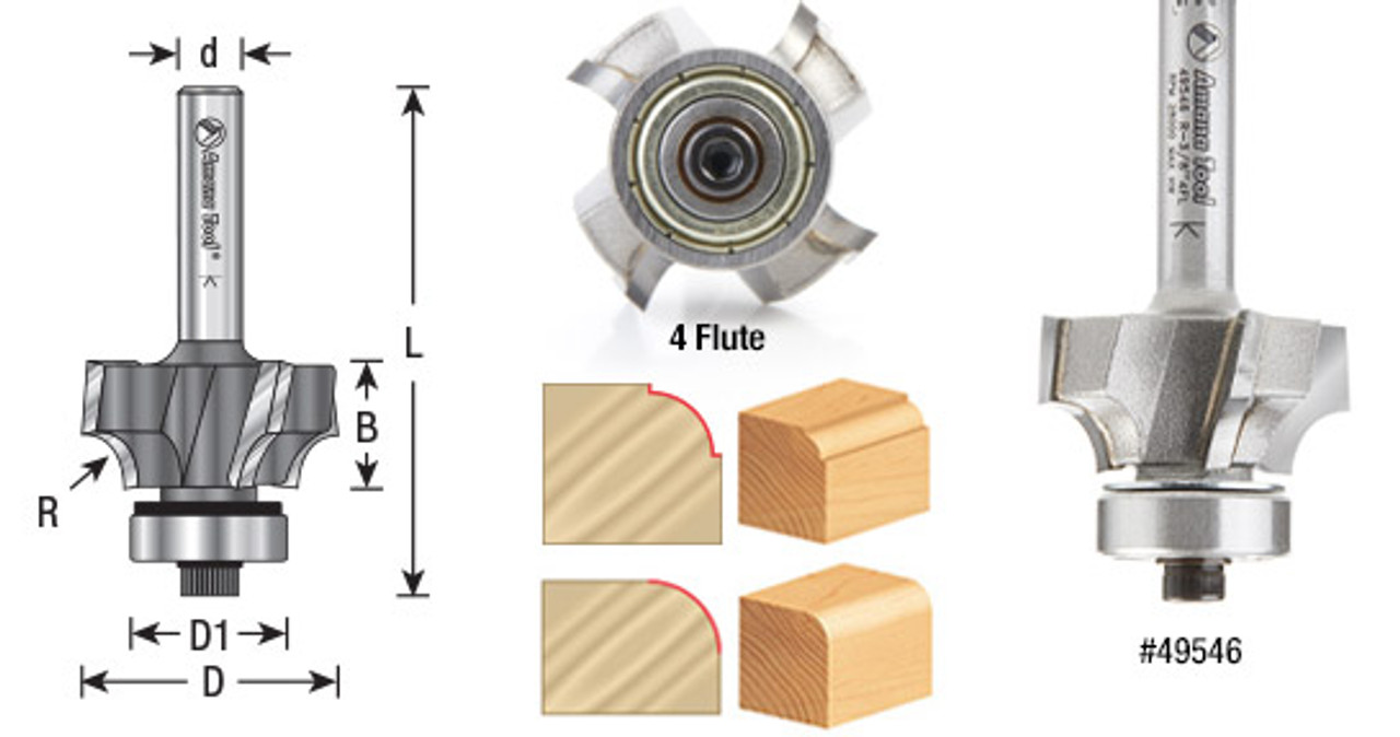 Amana Tool 49526 Carbide Tipped Corner Rounding 1-1/2 R x 3-1/2 D x 1-3/4  CH x 1/2 Inch SHK w/ Lower Ball Bearing Router Bit