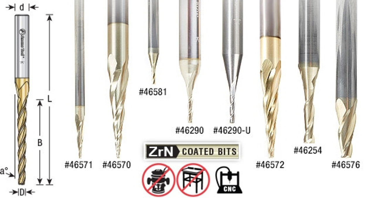 CNC Carving Router Bit Amana Tool 46577 - 0.10 Deg, 1/4