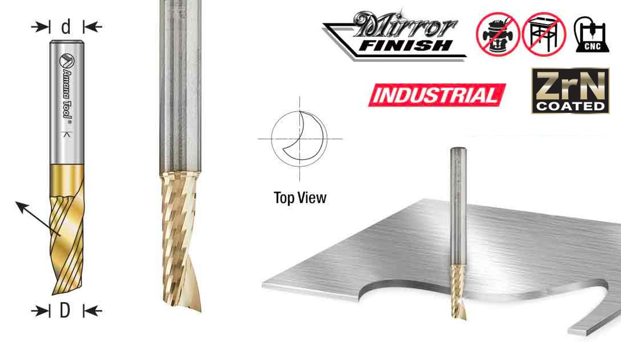 Amana Tool 51454-Z CNC, SC Spiral O Single Flute, ZrN Coated Aluminum  Cutting 1/8 D x 1/2 CH x 1/4 SHK x 2 Inch Long Up-Cut Router Bit with  Mirror