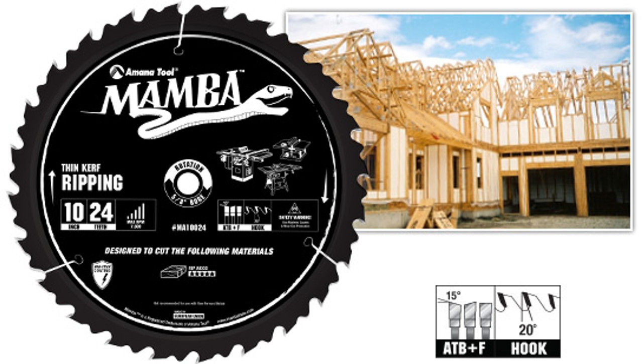 Amana Tool MA10024 Carbide Tipped Thin Kerf Ripping Mamba Contractor Series  10 Inch D x 24T, ATB+F, 20 Deg, 5/8 Bore Circular Saw Blade