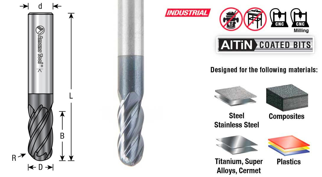 Ball Nose Solid Carbide End Mill - AlTiN Coated, Variable