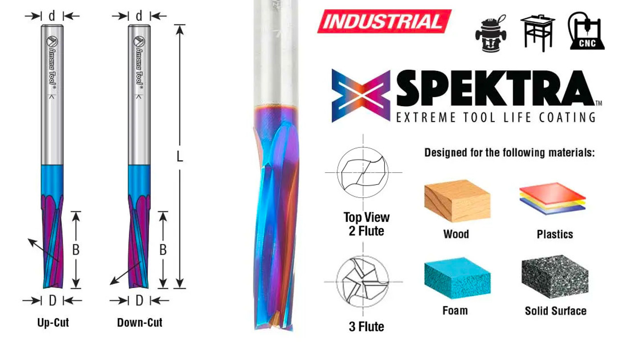 Amana Tool 51735-K Spektra Extreme Tool Life Coated SC Spiral Finisher 1/2  Dia x 1-5/8 Cut Height x 1/2 Shank x 4 Inch Long x 3 Flute Down-Cut Router 