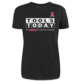 Camiseta negra de manga corta con el lazo rosa y el logotipo de ToolsToday, para mujer.