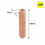 Trend Wooden Dowels, 5/16 x 1-9/16 Inch, 200 Pack, Beechwood with Full-Length Glue Grooves, FSC Certified, DWL/8X40/200