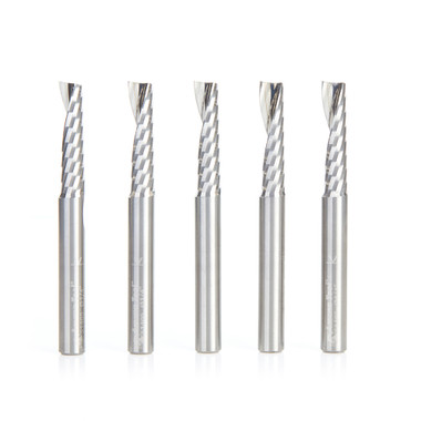 Amana Tool 51405-5, Paquete de 5 Fresas CNC SC Spiral O de un solo filo, corte de plástico 1/4 D x 1 CH x 1/4 SHK x 2-1/2 pulgadas de largo con acabado de espejo