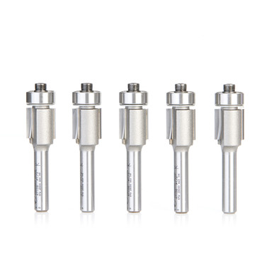 5-Pack Flush Trim Router Bits - Single Flute, 2 Flute  Extra Long 2 Flute w/ Lower Ball Bearing