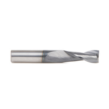 Amana Tool 51677 SC Spiral pour acier, acier inoxydable et métal non ferreux avec revêtement AlTiN 2-Flute x 3/8 D x 1 CH x 3/8 SHK x 2-1/2 Inch Long Up-Cut Router Bit / 45 Deg Corner Chamfer End Mill