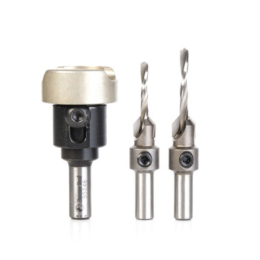 Amana Tool AMS-629 3-Pc Carbide Tipped Countersink with Adjustable Depth Stop and No-Thrust, No Marring Ball Bearing Set with Round Shank