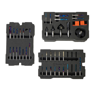 Amana Tool AMS-CNC-40 Coleção de bits para roteadores CNC Master de 40 peças, embalados em uma caixa plástica empilhável, haste de 1/4 e 1/2 polegada toolstoday