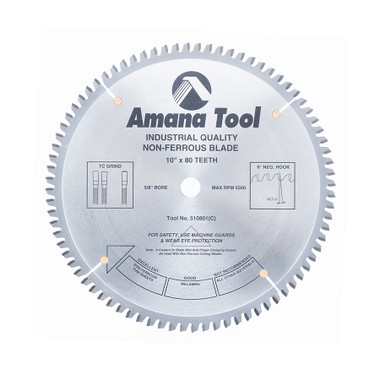 Amana Tool 510801 Carbide Tipped Aluminum and Non-Ferrous Metals 10 Inch D x 80T TCG, -6 Deg, 5/8 Bore, Circular Saw Blade