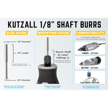 Kutzall Original - Cylinder Burr, 1/8'' Shank, Head Diameter 1/8'' X Head Length 7/8'', Fine