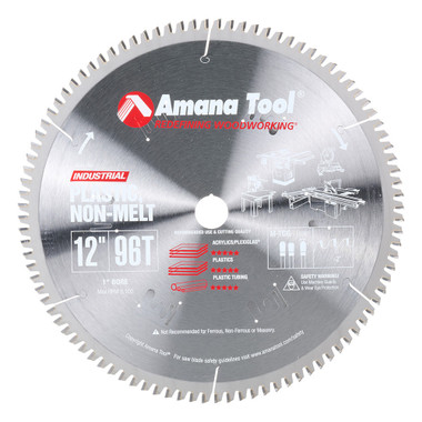 Amana Tool LB12961 Hoja de sierra circular de metal duro sin fundir de 12 pulgadas de profundidad x 96T M-TCG, -2 grados, 1 pulgada de diámetro interior