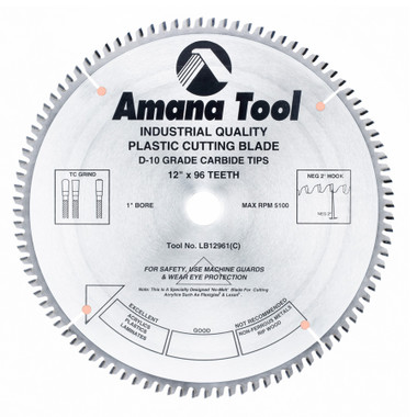 Amana Tool LB12961 Carbide Tipped Non-Melt Plastic 12 Inch D x 96T M-TCG, -2 Deg, 1 Inch Bore, Circular Saw Blade