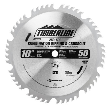 Timberline 250-500 Carbide Tipped Combination Ripping & Crosscut 10 Inch D x 50T 4+1, 0 Deg, 5/8 Bore, Circular Saw Blade