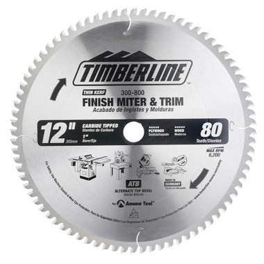 Timberline 300-800 Hartmetallbestücktes Gehrungs- oder stationäres 12 Zoll D x 80T ATB, 0 Grad, 1 Zoll Bohrung, Kreissägeblatt