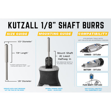 Kutzall Extreme - Ball Nose Burr, 1/8'' Shank, Head Diameter 1/8'' X Head Length 7/8'', Very Coarse