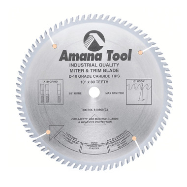 Amana Tool 610800 Hoja de sierra circular con dientes de metal duro, 10 pulgadas D x 80T ATB, 10 grados, 5/8 agujero