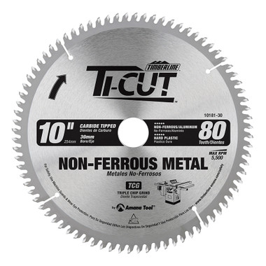 Timberline 10181-30 Carbide Tipped Ti-Cut Non-Ferrous Aluminum 10 Inch D x 80T TCG, -5 Deg, 30MM Bore, Circular Saw Blade