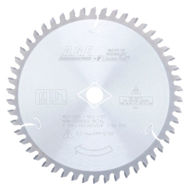 AGE Series MD7-505 Carbide Tipped Aluminum and Non-Ferrous Metals 7-1/4 Inch D x 50T TCG, -5 Deg, 5/8 Bore, Circular Saw Blade