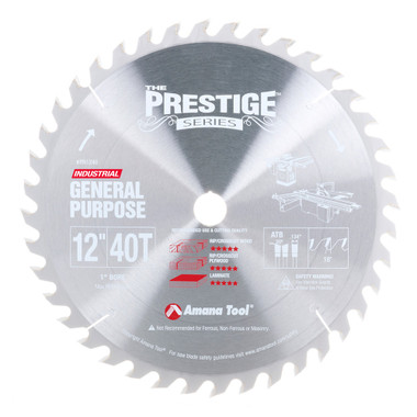 Amana Tool PR1240 Carbide Tipped 12 Inch D 40T ATB, 18 Deg, 1 Inch Bore, Circular Saw Blade