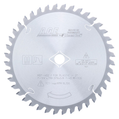 AGE Serie MD7-402 Hartmetallbestücktes Industriekunststoffsägeblatt 7-1/4 Zoll D x 40T M-TCG, -2 Grad, 5/8 Bohrung, Kreissägeblatt