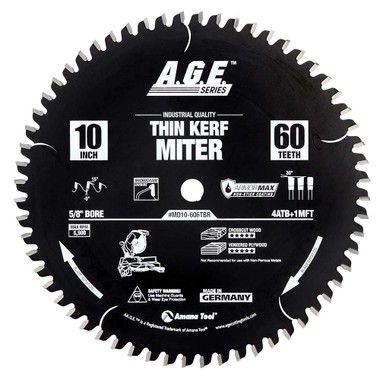 AGE MD10-606TBR Carbide Tipped Thin Kerf Miter Armormax-Coated 10 Inch D x 60T, 4 ATB + 1 MFT, -5 Deg, 5/8 Bore Circular Saw Blade